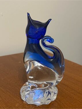 Arte Murano Murano-Style Blue & Clear Glass Cat Figurine w/ Label